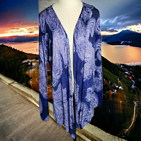 Purple Paisley Starry Night Artsy Open Rayon Knit Cardigan Boho Festival Chico's - Picture 11 of 11